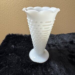 Vintage 9" White Hobnail Milk Glass Vase With Scalloped Edge